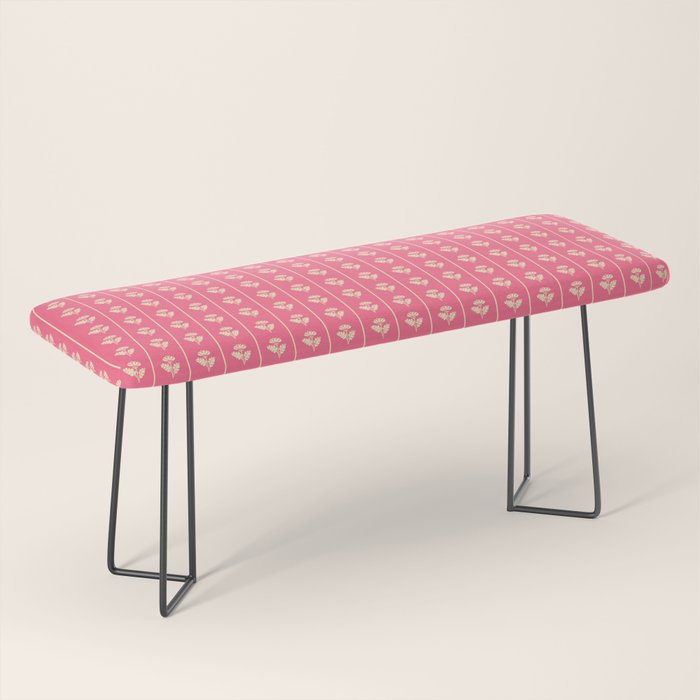Cozy Vintage Cottage Flowers and Stripes Pattern in Pink Punch and Cream Bench Gallery Image 1