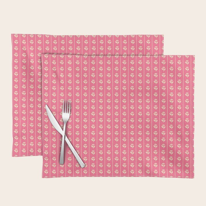 Cozy Vintage Cottage Flowers and Stripes Pattern in Pink Punch and Cream Placemat Gallery Image 1