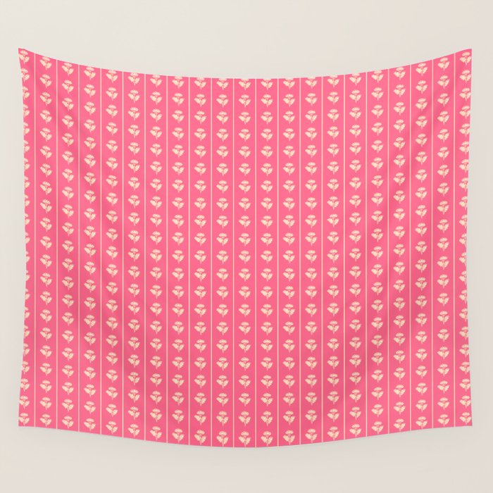 Cozy Vintage Cottage Flowers and Stripes Pattern in Pink Punch and Cream Wall Tapestry Gallery Image 1