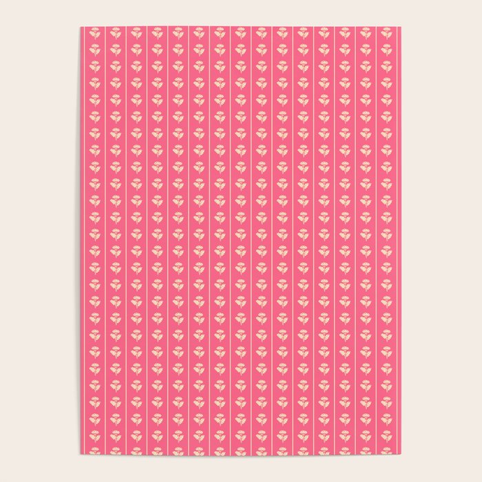 Cozy Vintage Cottage Flowers and Stripes Pattern in Pink Punch and Cream Poster Gallery Image 4