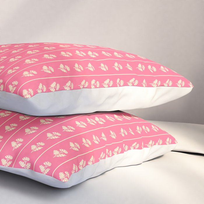 Cozy Vintage Cottage Flowers and Stripes Pattern in Pink Punch and Cream Pillow Sham Gallery Image 3