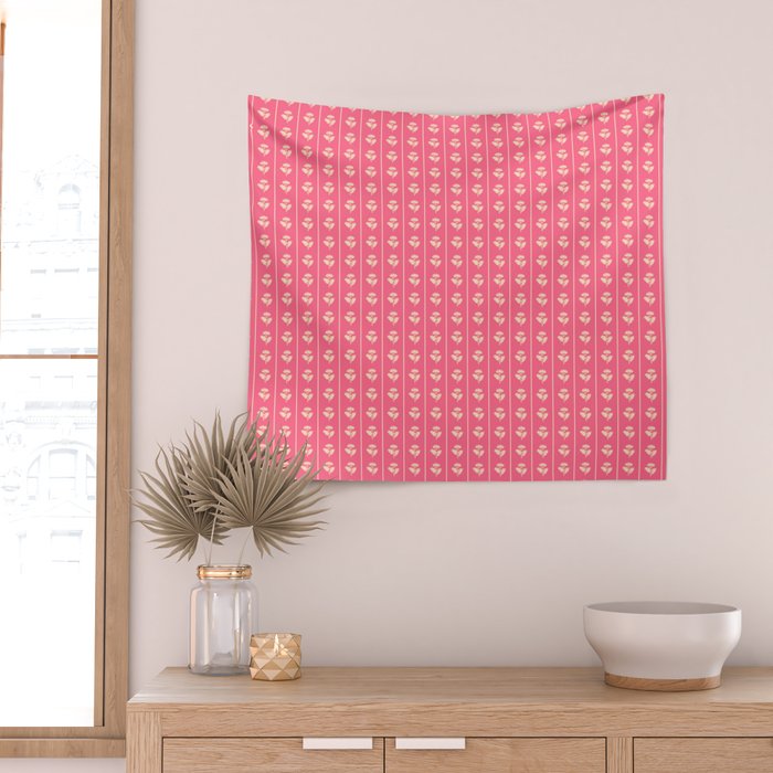 Cozy Vintage Cottage Flowers and Stripes Pattern in Pink Punch and Cream Wall Tapestry Gallery Image 2