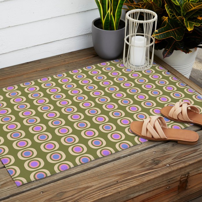 Mid-century Modern Pattern - Olive, Pink and Blue Outdoor Rug Gallery Image 2