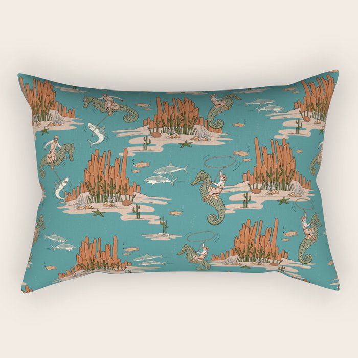Quirky Western Cowboys on Seahorses Roping Sharks Rectangular Pillow Gallery Image 2