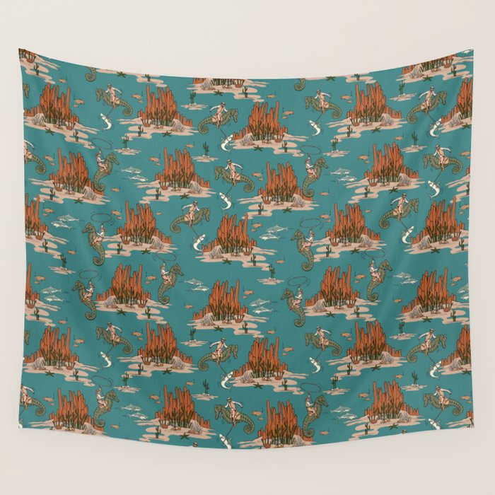 Quirky Western Cowboys on Seahorses Roping Sharks Wall Tapestry Gallery Image 4