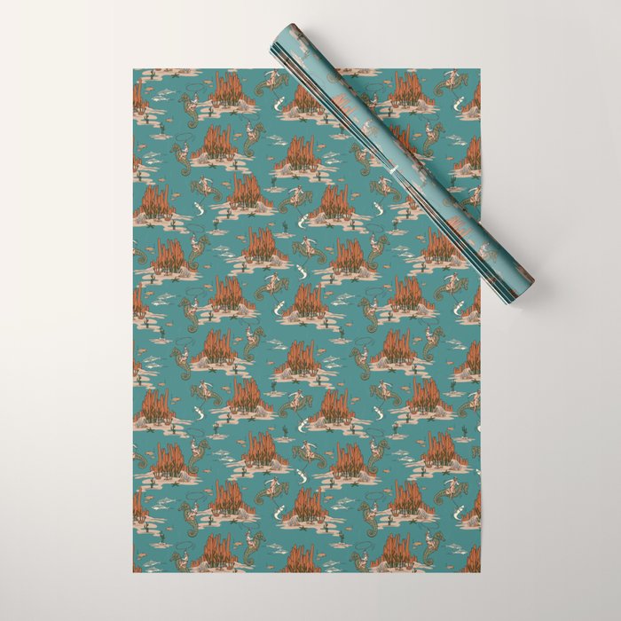 Quirky Western Cowboys on Seahorses Roping Sharks Wrapping Paper Gallery Image 1