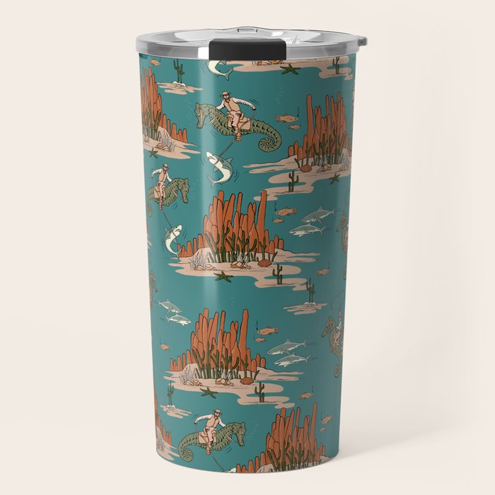 Quirky Western Cowboys on Seahorses Roping Sharks Travel Mug Gallery Image 1
