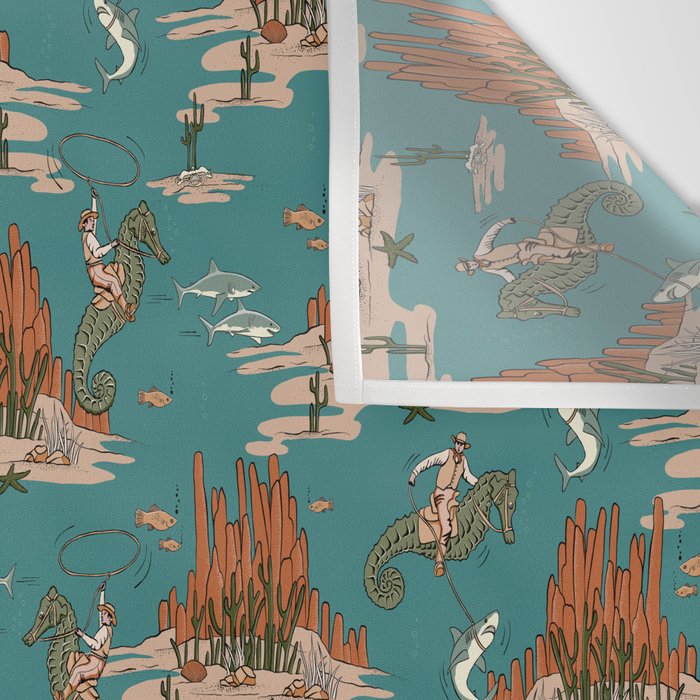 Quirky Western Cowboys on Seahorses Roping Sharks Wall Tapestry Gallery Image 3