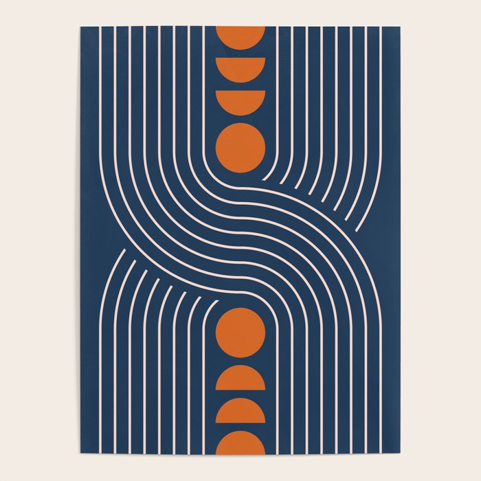 Geometric Lines in Navy and Orange (Rainbow and Moon Phases Abstract) Poster Gallery Image 1