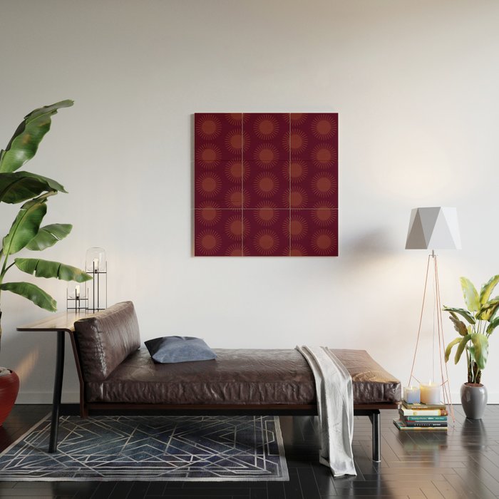 Boho Summer Sun Pattern XIII Dark Maroon Red Wood Wall Art Gallery Image 2