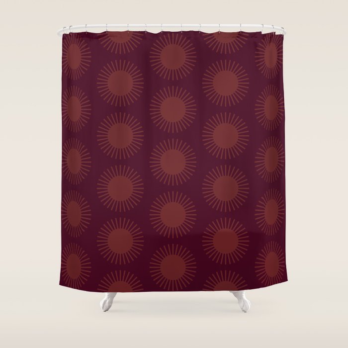 Boho Summer Sun Pattern XIII Dark Maroon Red Shower Curtain Gallery Image 1