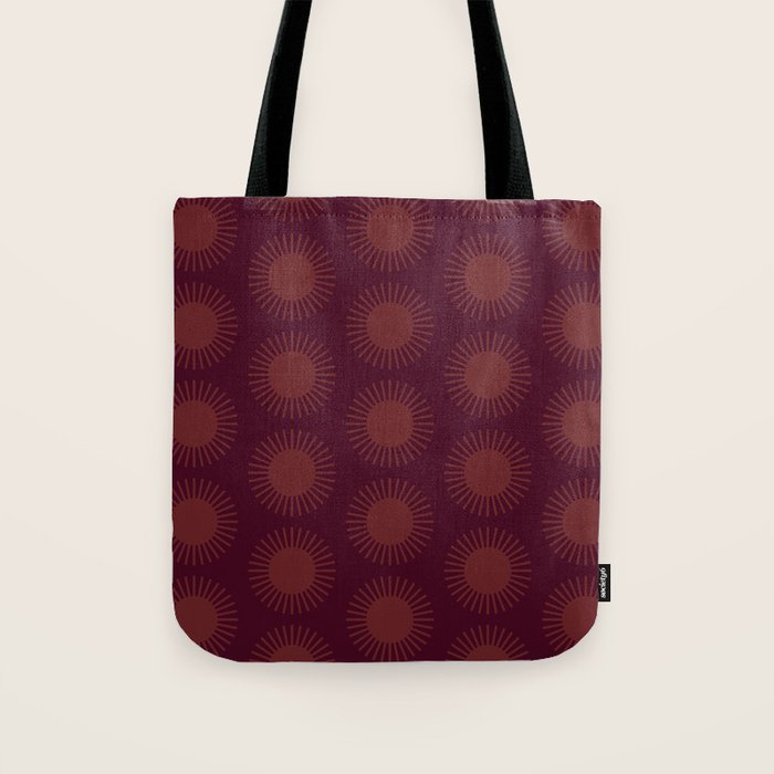 Boho Summer Sun Pattern XIII Dark Maroon Red Tote Bag Gallery Image 1