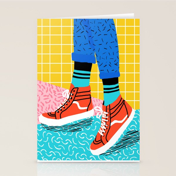 Toe Drag - memphis throwback fashion shoes retro pattern grid pink bright neon hipster Stationery Card Gallery Image 1