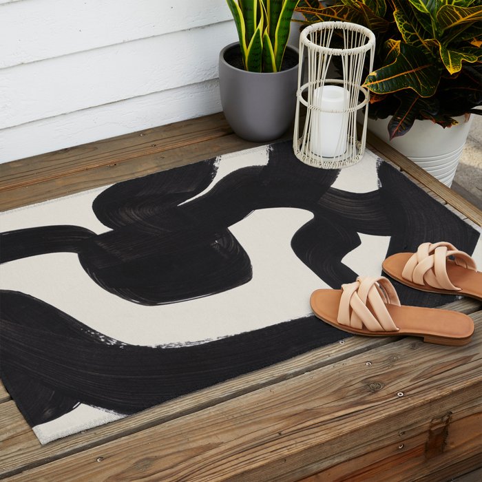 Mid Century Modern Minimalist Abstract Art Brush Strokes Black & White Ink Art Maze Outdoor Rug Gallery Image 2