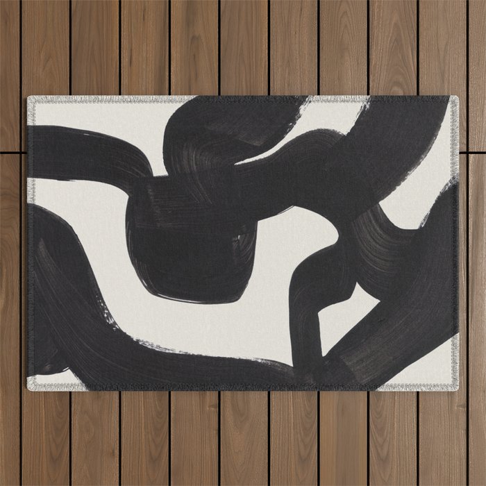 Mid Century Modern Minimalist Abstract Art Brush Strokes Black & White Ink Art Maze Outdoor Rug Gallery Image 1