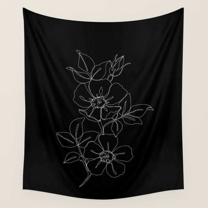 Botanical illustration one line drawing - Rose Black Wall Tapestry Gallery Image 1