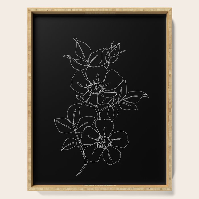 Botanical illustration one line drawing - Rose Black Serving Tray Gallery Image 1