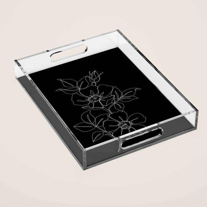 Botanical illustration one line drawing - Rose Black Acrylic Tray Gallery Image 1