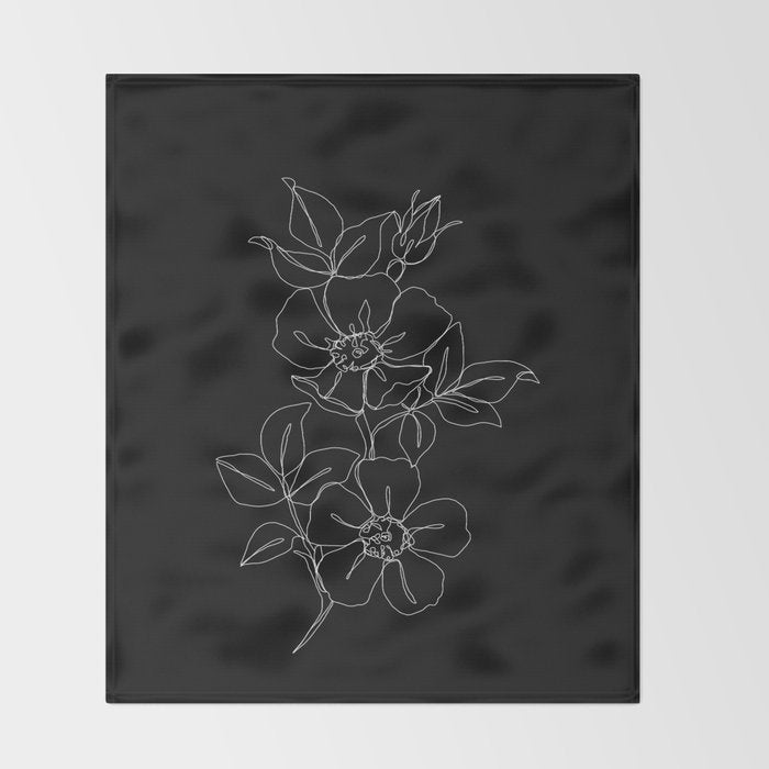 Botanical illustration one line drawing - Rose Black Throw Blanket Gallery Image 2