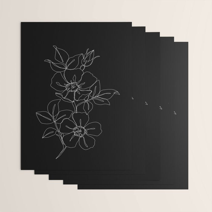 Botanical illustration one line drawing - Rose Black Wrapping Paper Gallery Image 3
