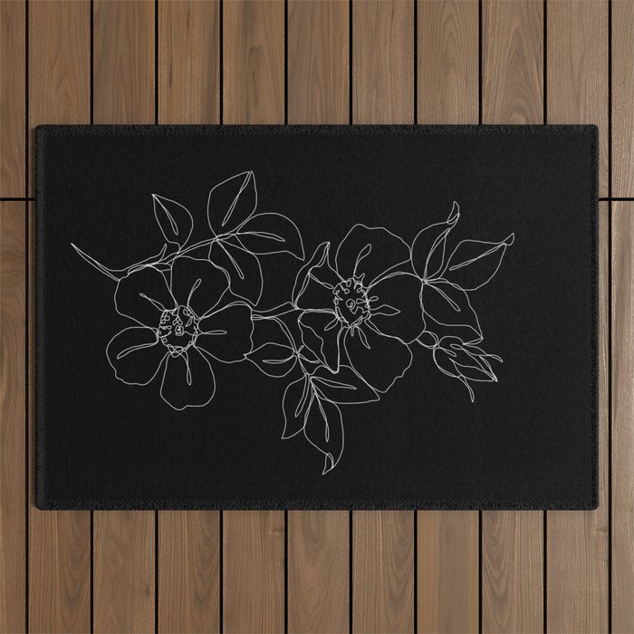 Botanical illustration one line drawing - Rose Black Outdoor Rug Gallery Image 1