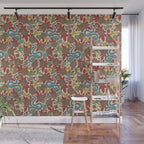 Large-Scale Dahlias, Frogs, Snakes, Praying Mantis in Red and Blue Wall Mural Gallery Image 1