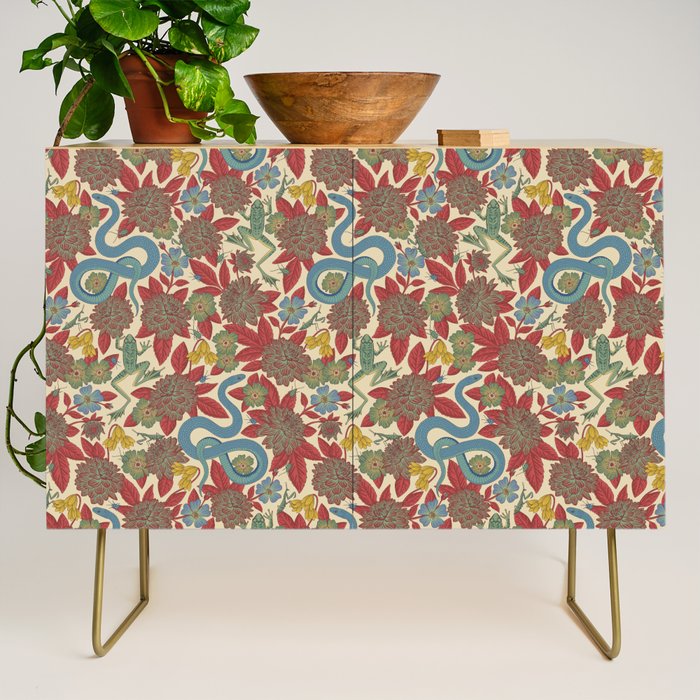 Large-Scale Dahlias, Frogs, Snakes, Praying Mantis in Red and Blue Credenza Gallery Image 1