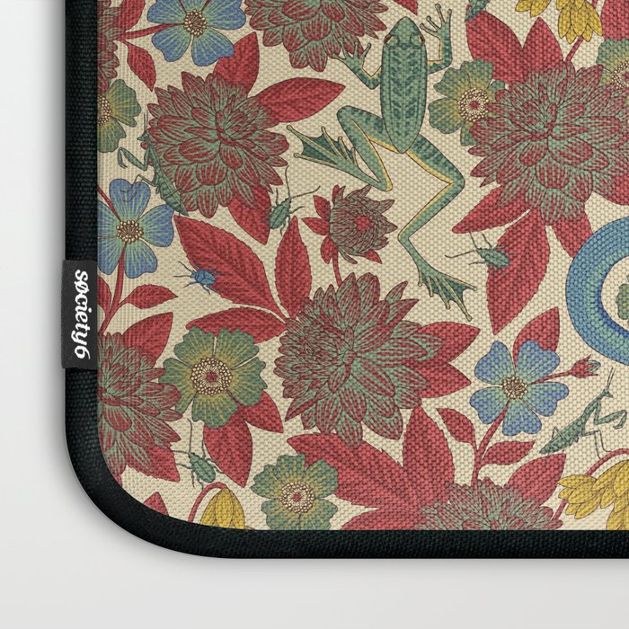 Large-Scale Dahlias, Frogs, Snakes, Praying Mantis in Red and Blue Laptop Sleeve Gallery Image 3