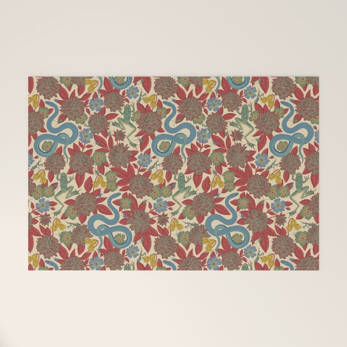 Large-Scale Dahlias, Frogs, Snakes, Praying Mantis in Red and Blue Welcome Mat Gallery Image 1