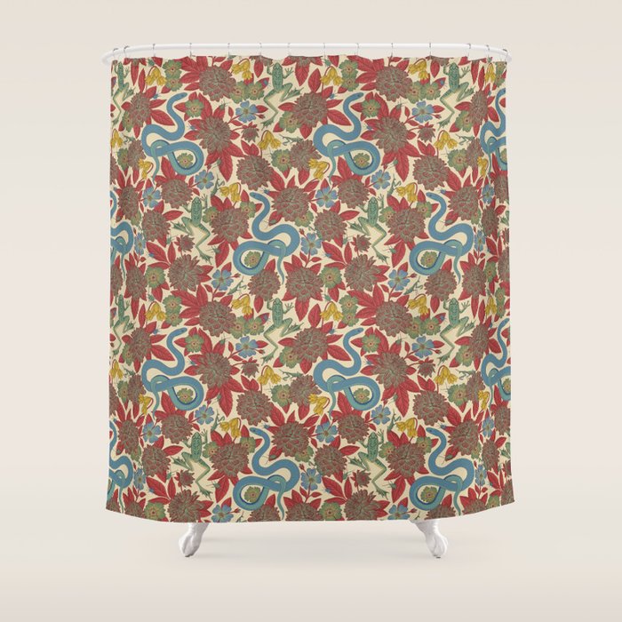 Large-Scale Dahlias, Frogs, Snakes, Praying Mantis in Red and Blue Shower Curtain Gallery Image 1