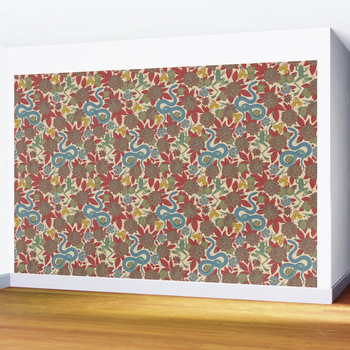 Large-Scale Dahlias, Frogs, Snakes, Praying Mantis in Red and Blue Wall Mural Gallery Image 2