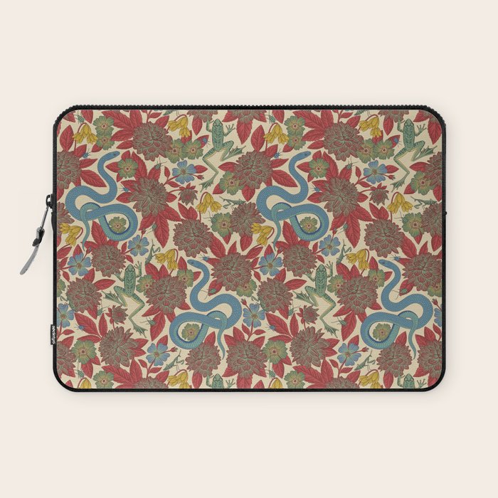 Large-Scale Dahlias, Frogs, Snakes, Praying Mantis in Red and Blue Laptop Sleeve Gallery Image 1