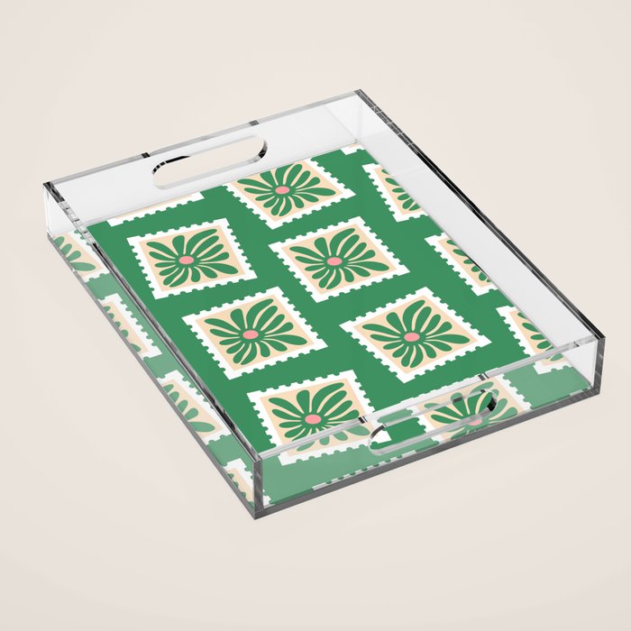 Vintage flower postage stamp pattern Acrylic Tray Gallery Image 1