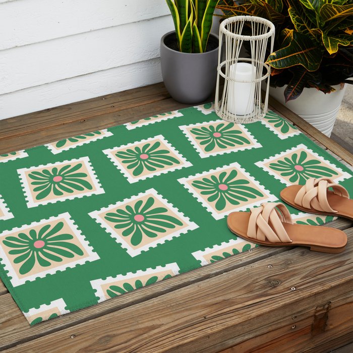 Vintage flower postage stamp pattern Outdoor Rug Gallery Image 2