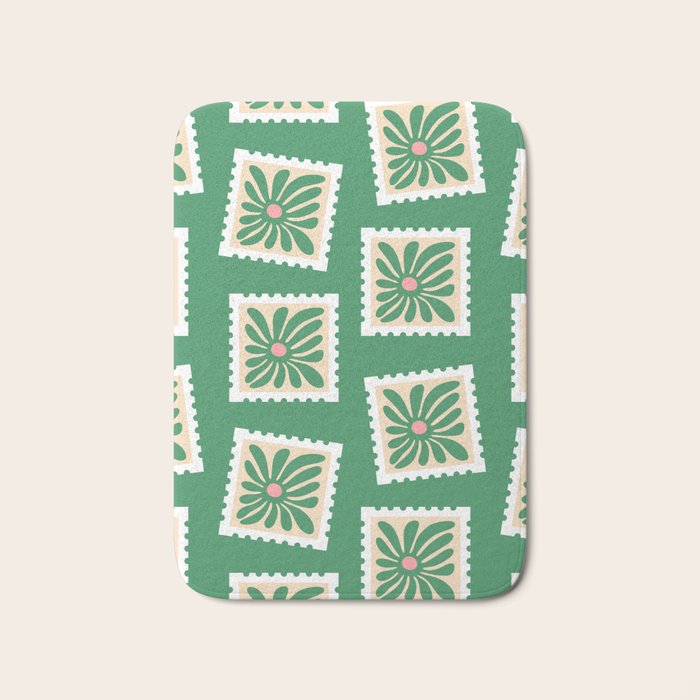 Vintage flower postage stamp pattern Bath Mat Gallery Image 1