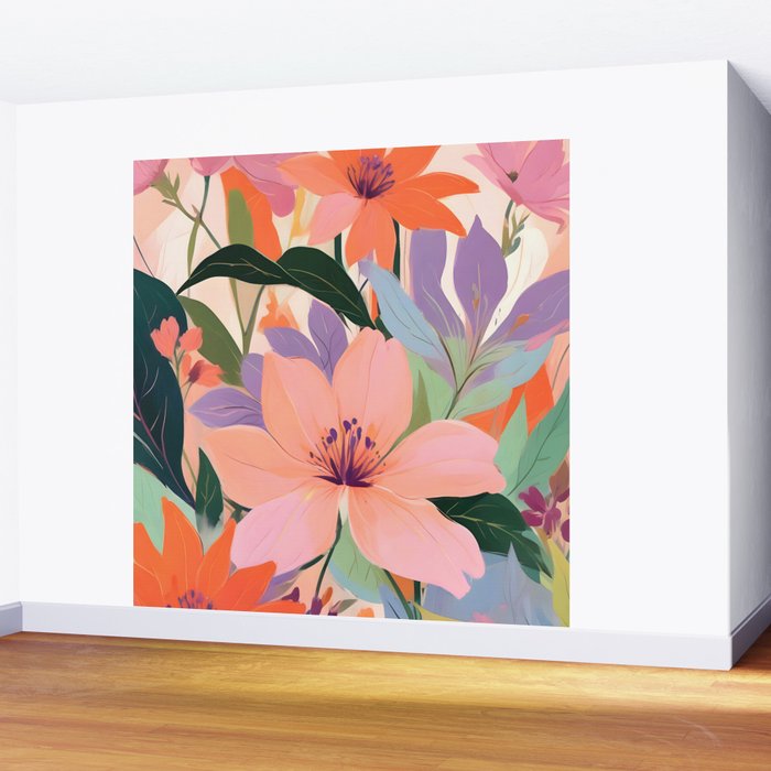 Summer Happy Place, Floral Botanical Nature Painting, Plants Garden Pastel Eclectic, Vintage Flowers Blossom Bohemian Wall Mural Gallery Image 2