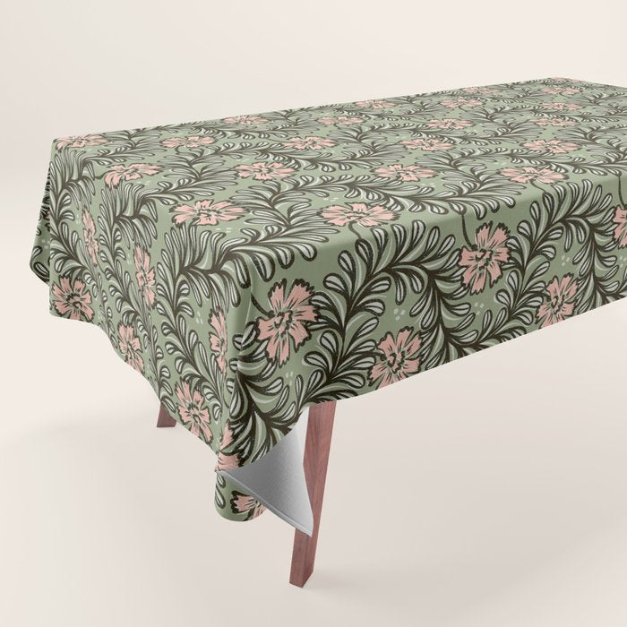 Climbing Leaves Floral Stripe Sage Green and Pink Tablecloth Gallery Image 1
