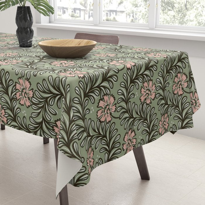 Climbing Leaves Floral Stripe Sage Green and Pink Tablecloth Gallery Image 3