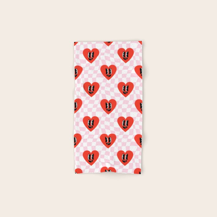 Retro checkered love heart cartoon pattern Bath Towel Gallery Image 1