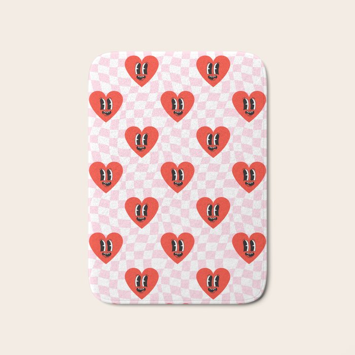 Retro checkered love heart cartoon pattern Bath Mat Gallery Image 1