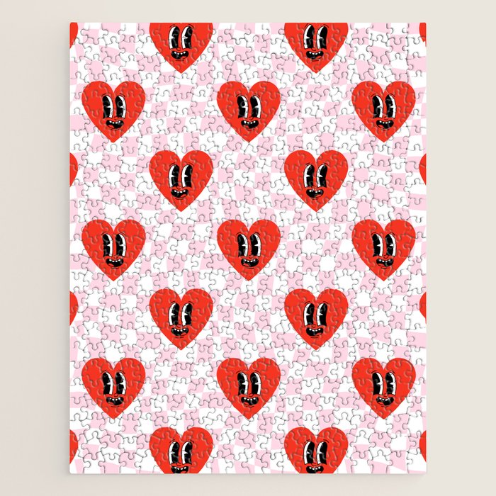 Retro checkered love heart cartoon pattern Jigsaw Puzzle Gallery Image 1
