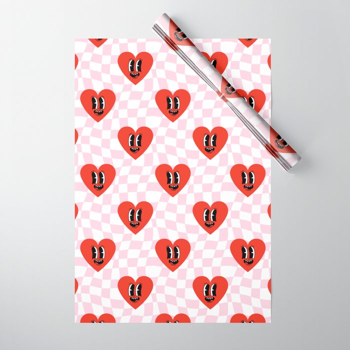 Retro checkered love heart cartoon pattern Wrapping Paper Gallery Image 1