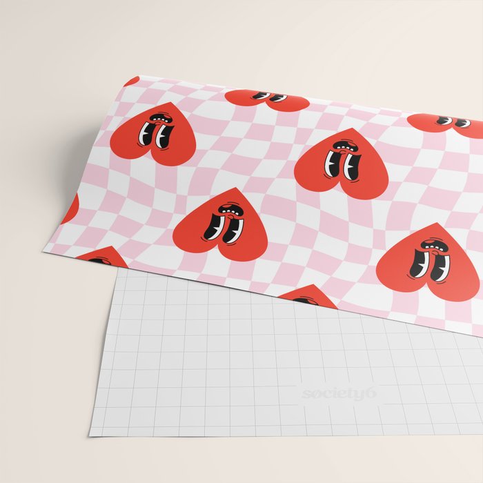 Retro checkered love heart cartoon pattern Wrapping Paper Gallery Image 2