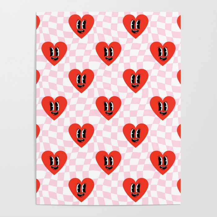 Retro checkered love heart cartoon pattern Poster Gallery Image 1