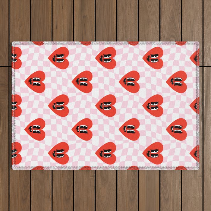 Retro checkered love heart cartoon pattern Outdoor Rug Gallery Image 1