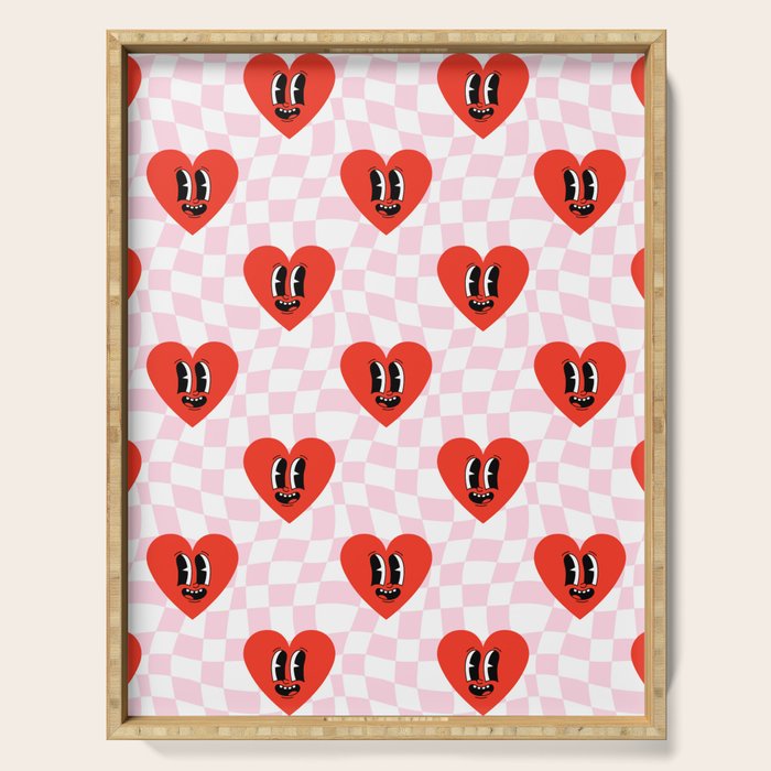 Retro checkered love heart cartoon pattern Serving Tray Gallery Image 1