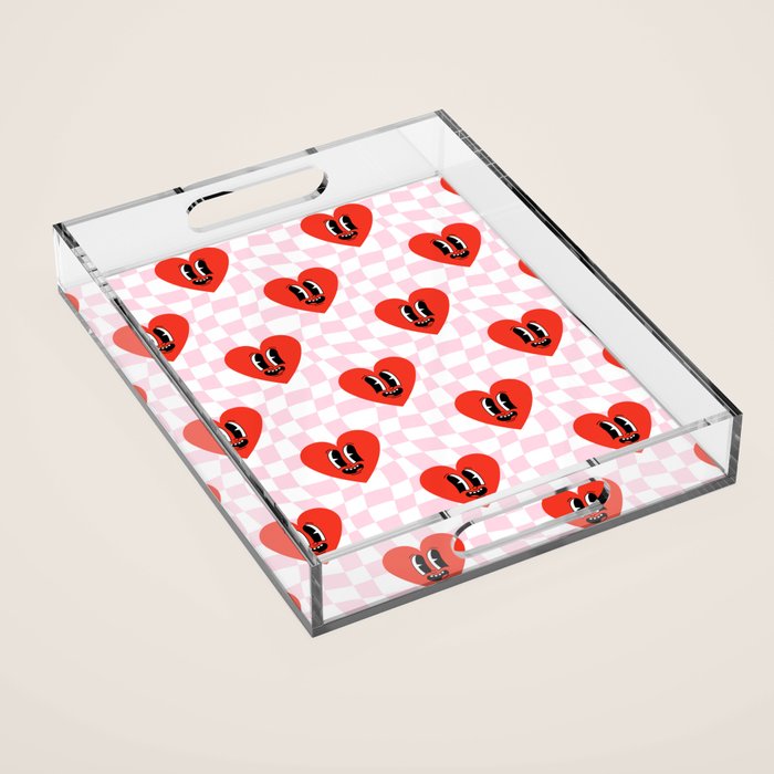 Retro checkered love heart cartoon pattern Acrylic Tray Gallery Image 1