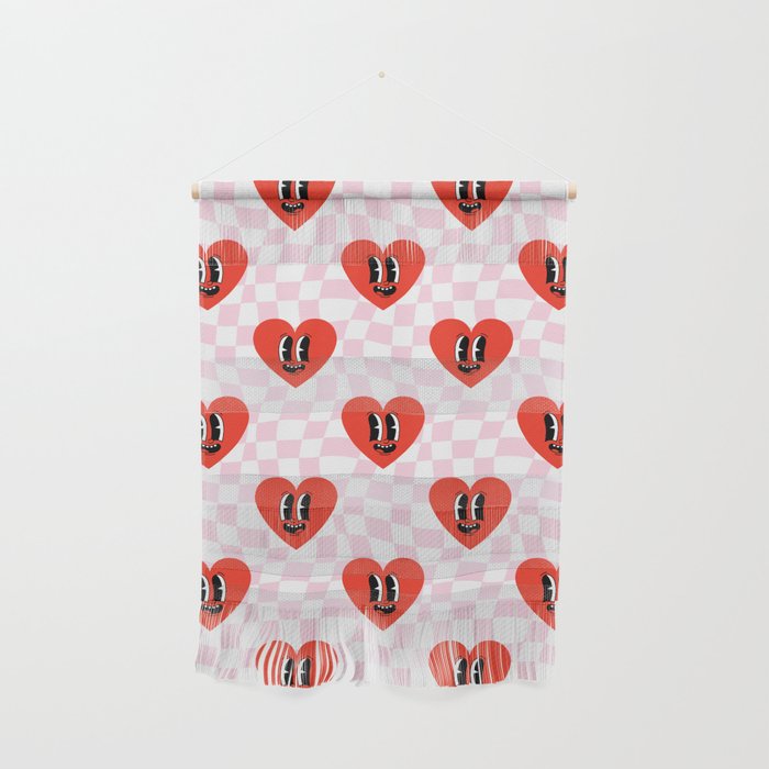 Retro checkered love heart cartoon pattern Wall Hanging Gallery Image 1