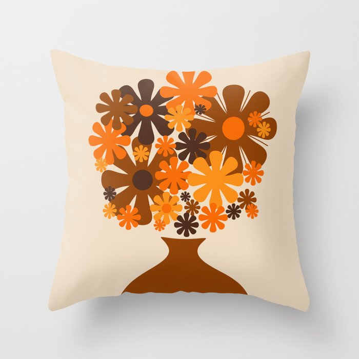 Bloom Retro 70s Brown and Orange Flowers in Vase Throw Pillow Gallery Image 1