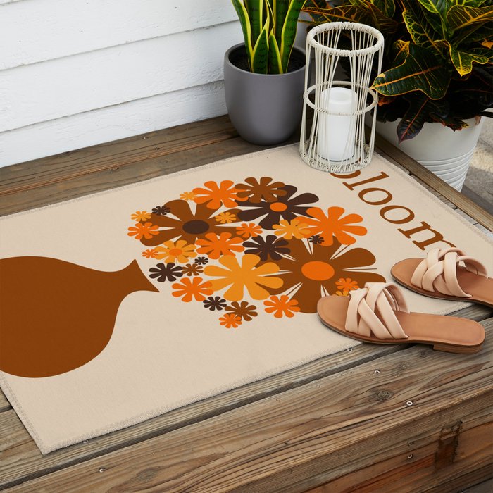 Bloom Retro 70s Brown and Orange Flowers in Vase Outdoor Rug Gallery Image 2